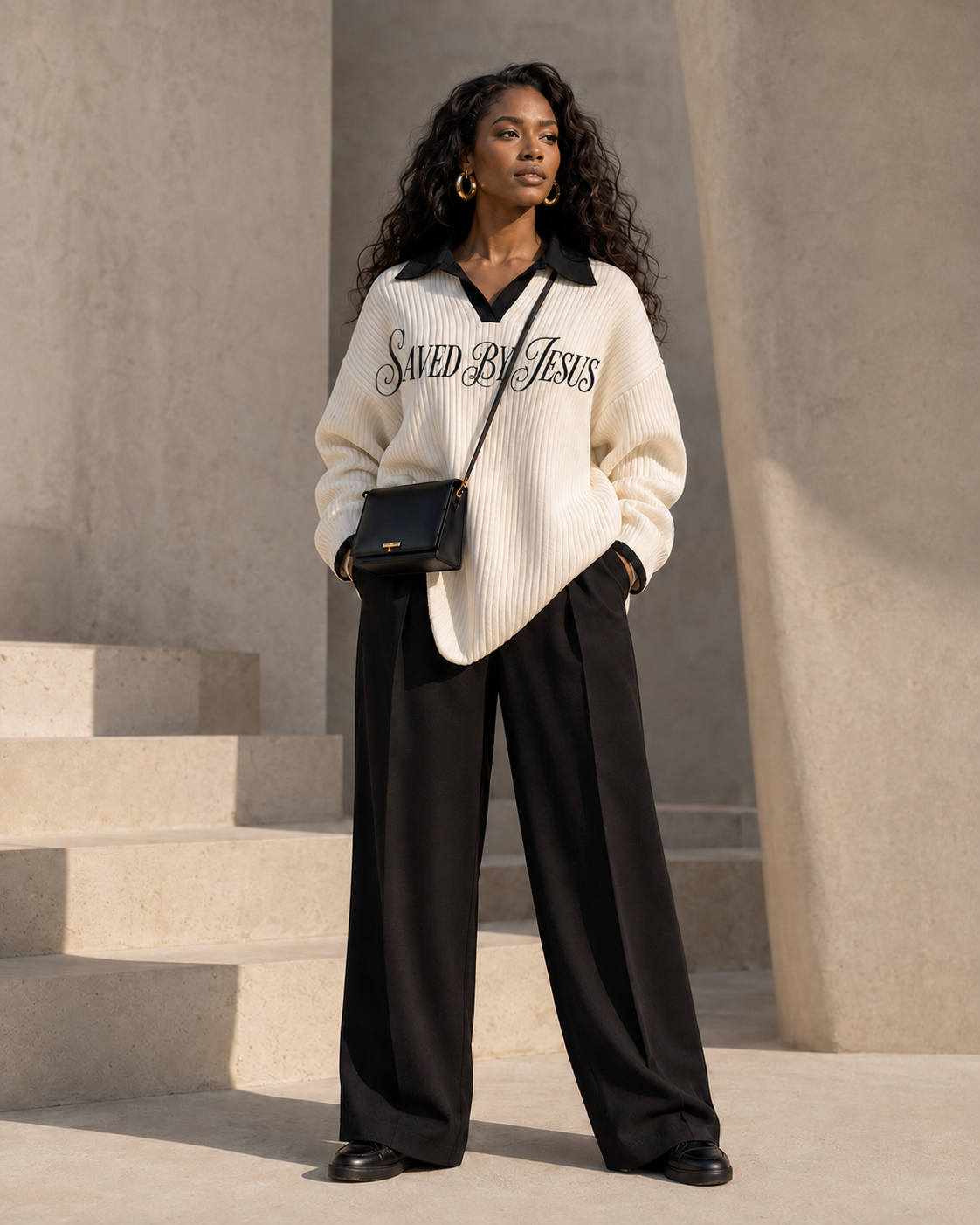 Woman wearing an ivory Saved by Jesus knit polo and black tailored trousers