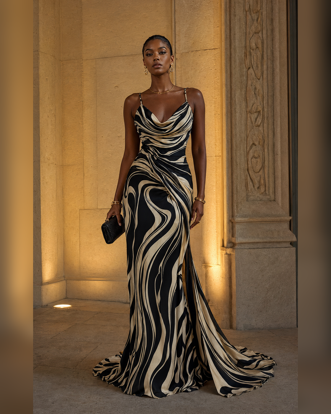 Woman wearing a premium black-and-ivory statement gown