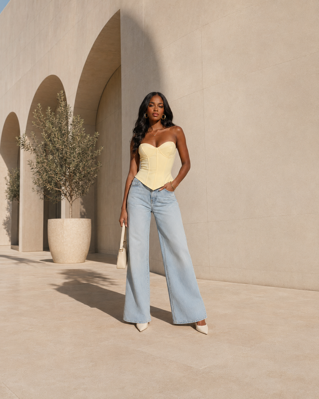 Woman wearing a butter-yellow structured top and light-wash wide-leg jeans